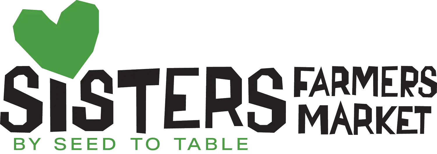 A vibrant green heart symbol above the text 'Sisters Farmers Market' with the tagline 'By Seed to Table' in a contrasting green font in Central Oregon.
