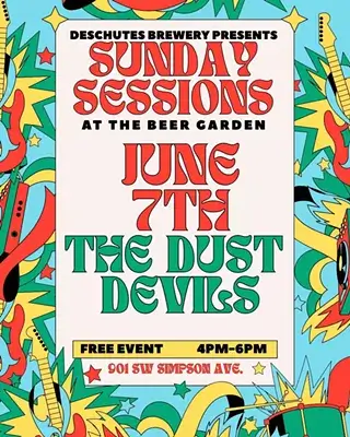 A vibrant poster advertising a free music event featuring The Dust Devils at The Beer Garden on June 7th, with colorful graphics and a retro rock vibe in Central Oregon.