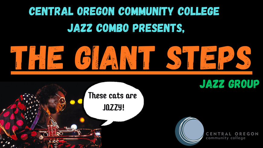 A musician in a colorful polka-dotted outfit plays the trumpet on stage, with a speech bubble saying 'These cats are Jozzzy!' in Central Oregon.