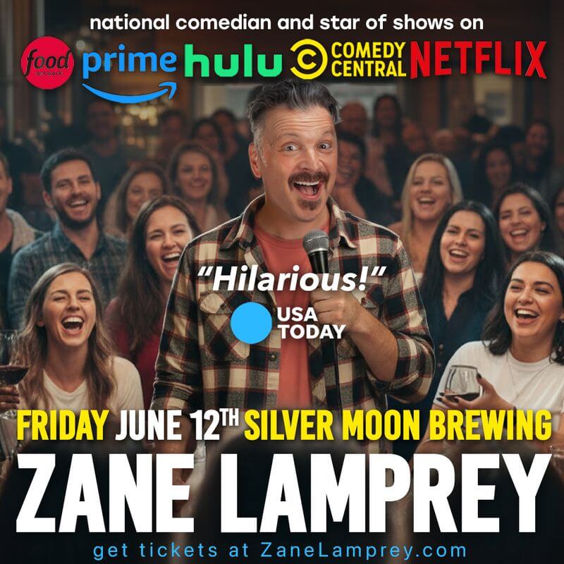 National comedian Zane Lamprey performs live at Silver Moon Brewing on June 12th, with a crowd of enthusiastic fans laughing and enjoying the show in Central Oregon.
