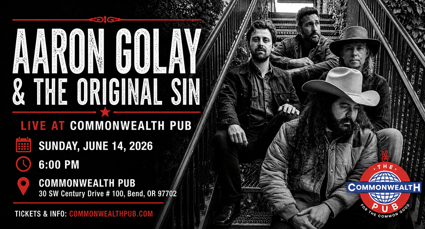 Aaron Golay & The Original Sin live at Commonwealth Pub, a country band with long hair and beards, wearing cowboy hats and flannel shirts, sitting on a staircase in Central Oregon.