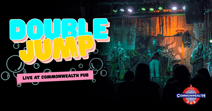 A vibrant live music event featuring a band called Double Jump performing on stage at Commonwealth Pub, with colorful stage lighting and a lively audience in Central Oregon.