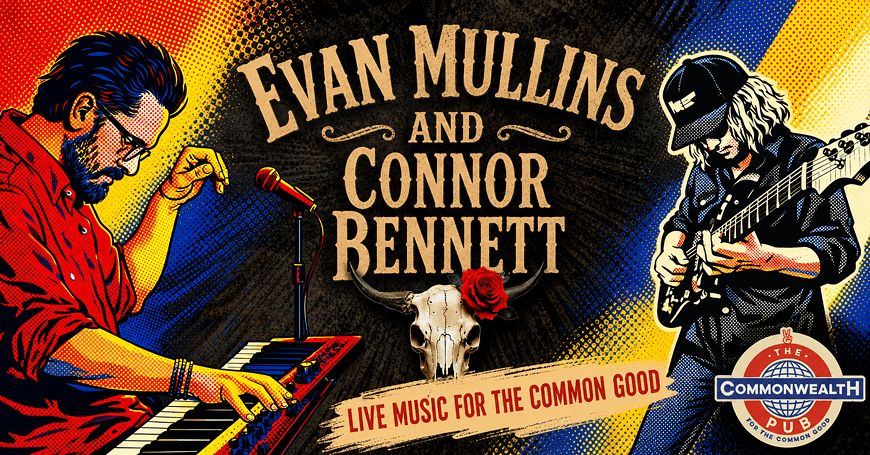 Two musicians, Evan Mullin and Connor Bennett, perform live music together, one playing keyboard and the other guitar, with a vibrant backdrop and a bull skull with a rose between its horns in Central Oregon.