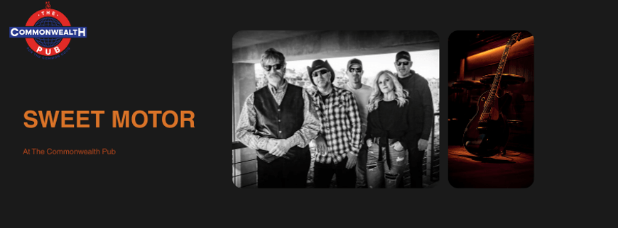 A country band, Sweet Motor, performing at The Commonwealth Pub, featuring five members in a black and white photo with a guitar player in color in Central Oregon.