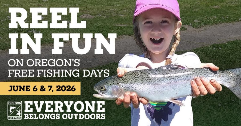 A young girl with a pink hat proudly holds up a large spotted fish on Oregon's Free Fishing Days in Central Oregon.
