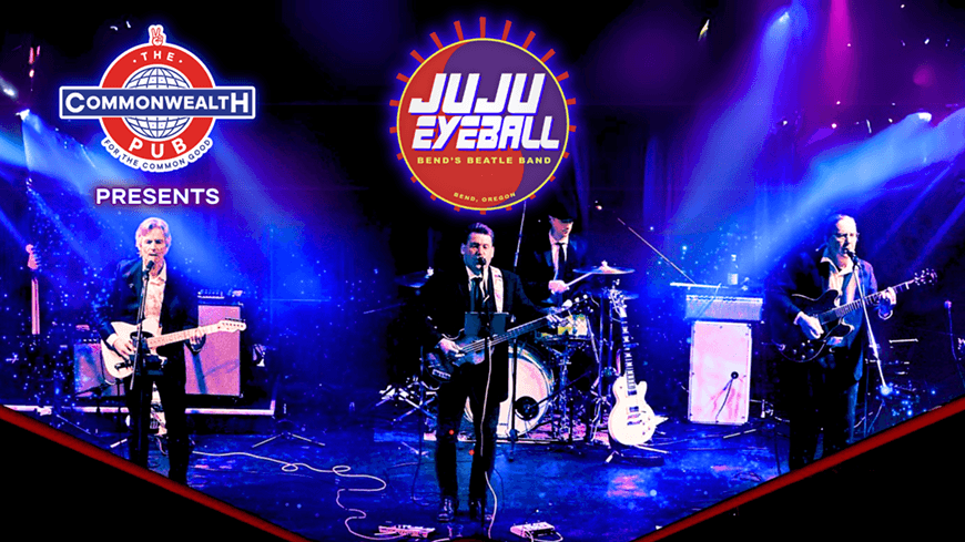 A vibrant stage scene featuring a band performing at The Commonwealth Pub, with colorful lighting and musical instruments in Central Oregon.