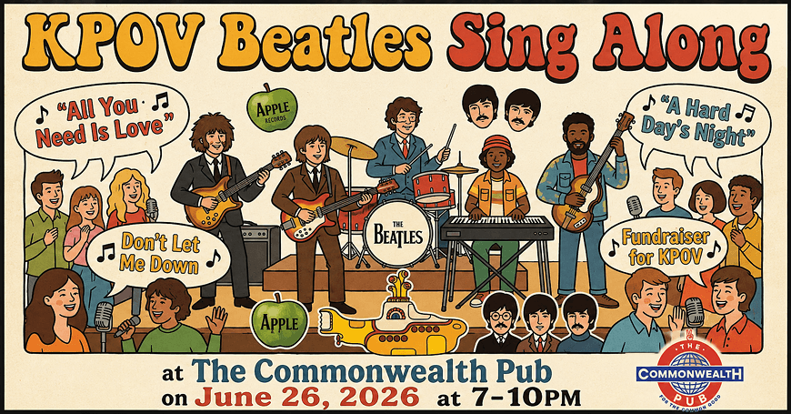 A vibrant poster featuring cartoon Beatles performing on stage with fans singing along, promoting a Beatles tribute event at The Commonwealth Pub on June 26, 2023 in Central Oregon.