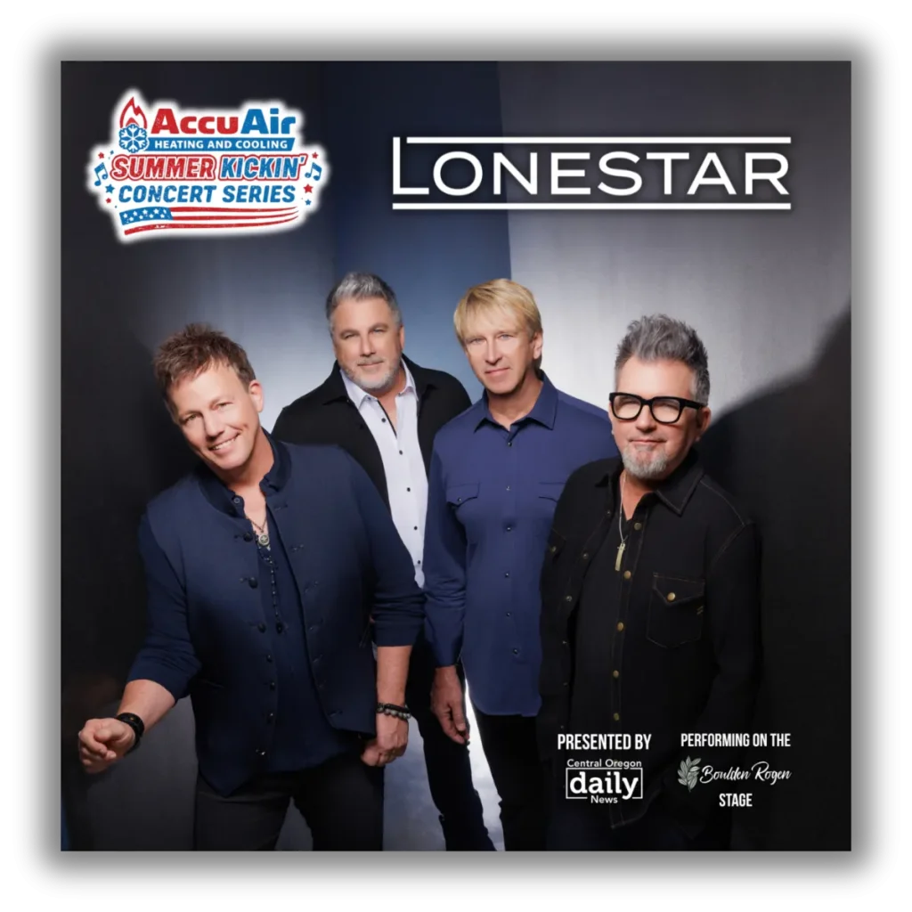 A promotional poster for the AccuAir Summer Kickin' Concert Series featuring the band Lonestar in Central Oregon.