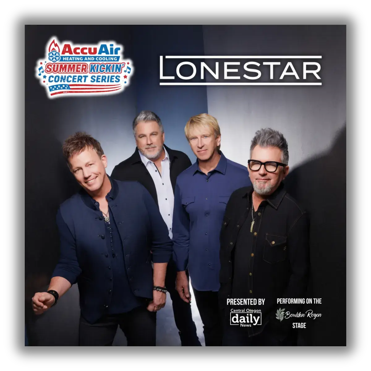 A promotional poster for the AccuAir Summer Kickin' Concert Series featuring the band Lonestar in Central Oregon.