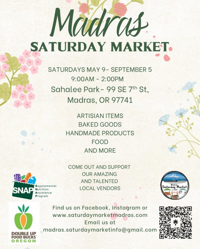 A vibrant poster advertising the Madras Saturday Market, featuring artisanal items, baked goods, and local vendors in Central Oregon.
