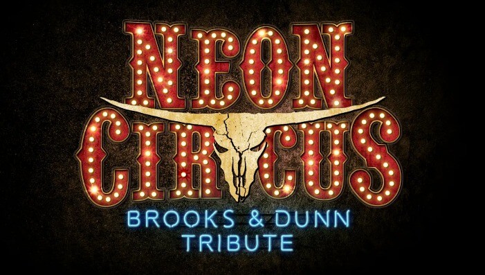 Neon sign featuring a cow skull with horns, surrounded by the words 'Neon Circus' and 'Brooks & Dunn Tribute' in bright lights in Central Oregon.
