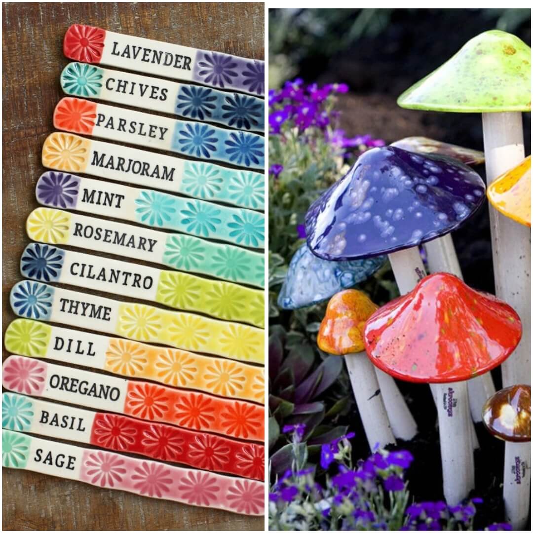 A collection of colorful mushroom-shaped garden markers with herb names and vibrant caps, alongside a set of matching herb-themed garden stakes with colorful flower designs in Central Oregon.