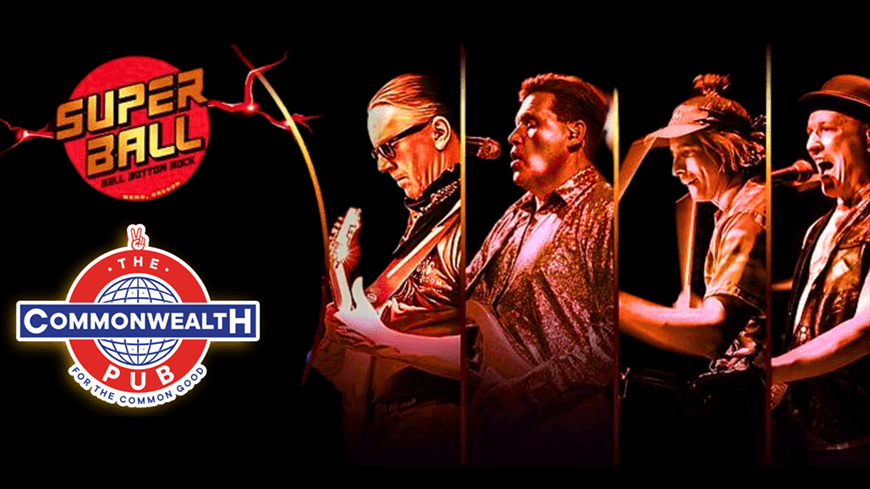 A band of four musicians performing on stage, each holding a guitar and singing into microphones in Central Oregon.