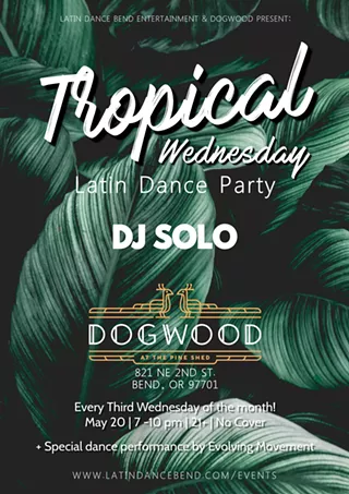 A vibrant Latin dance party poster featuring lush green leaves and bold text in Central Oregon.