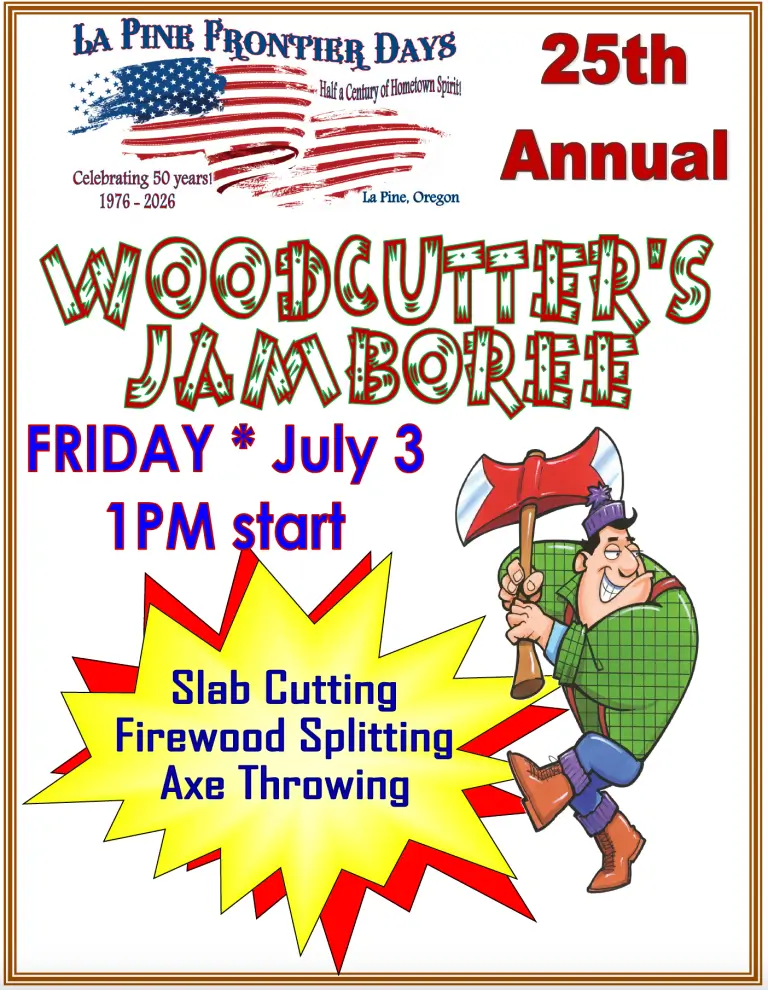 A cartoon lumberjack character is featured on a poster advertising the 25th Annual Woodcutter's Jamboree in La Pine, Oregon, with events including slab cutting, firewood splitting, and axe throwing in Central Oregon.