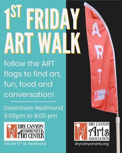 A vibrant red flag with 'ART' written on it stands tall, inviting people to follow it for an art-filled walk in downtown Redlands in Central Oregon.