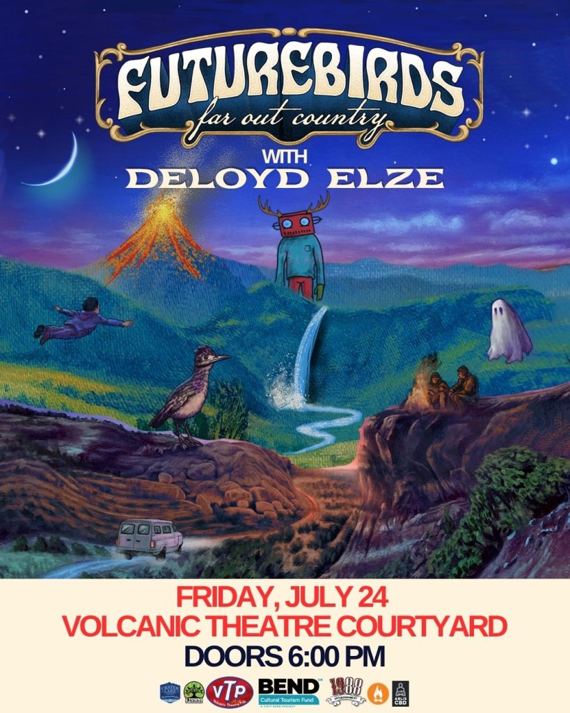 A whimsical poster for Futurebirds' concert with Deloyd Elze, featuring a surreal landscape with a volcano, waterfall, and fantastical creatures in Central Oregon.