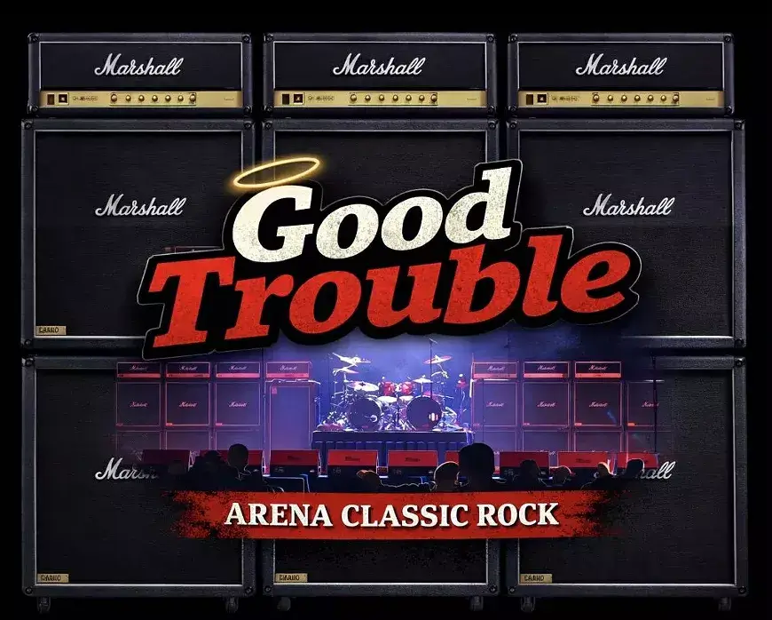 A rock band performs on stage with Marshall amplifiers, under the banner 'Good Trouble' at Arena Classic Rock in Central Oregon.