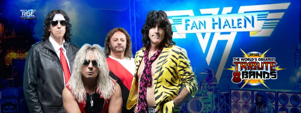 Four members of the tribute band Fan Halen pose together, dressed in iconic rock star attire, against a backdrop featuring the band's logo and promotional text in Central Oregon.