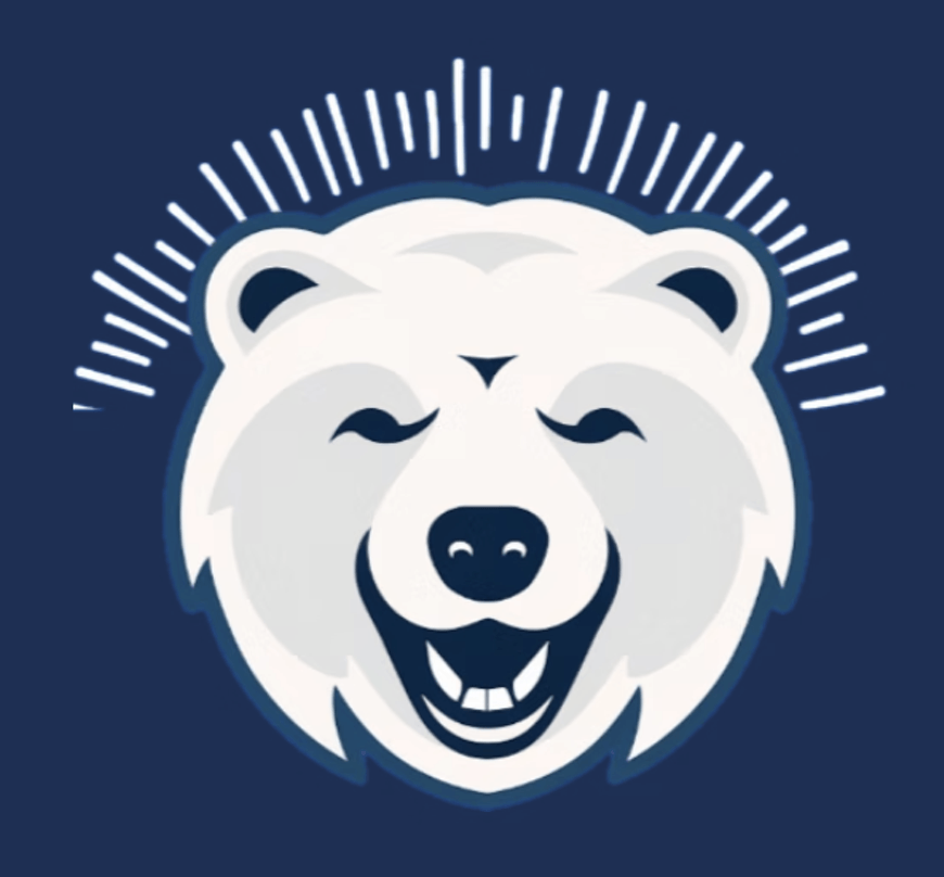 A cheerful cartoon polar bear with a radiant smile and closed eyes, surrounded by a burst of white lines on a dark blue background in Central Oregon.