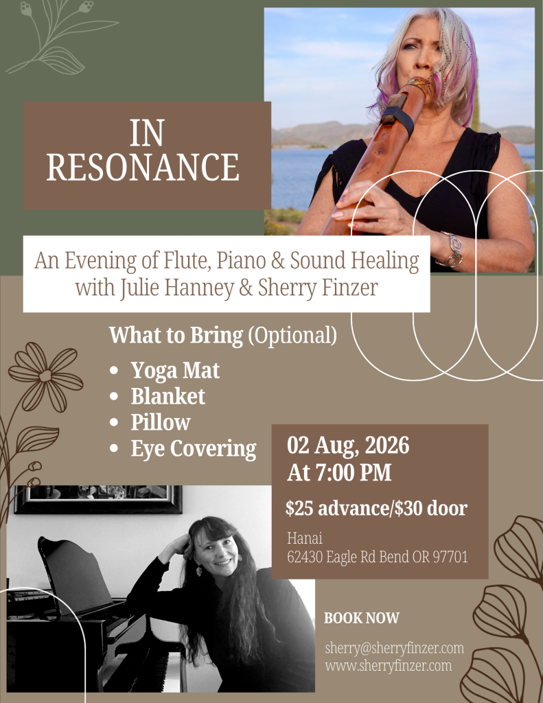 A woman playing a wooden flute with a scenic background, promoting a healing event with flute, piano, and sound in Central Oregon.