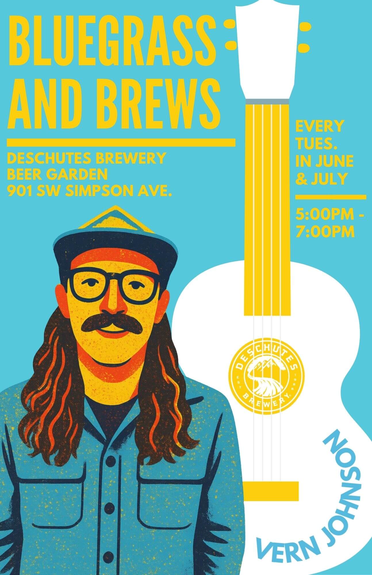 A man with long hair and a mustache wearing a hat and glasses stands next to a guitar, advertising a bluegrass and brews event at Deschutes Brewery's Beer Garden in Central Oregon.