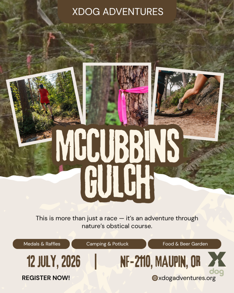 A trail runner navigates a forested obstacle course, with pink ribbons marking the path in Central Oregon.