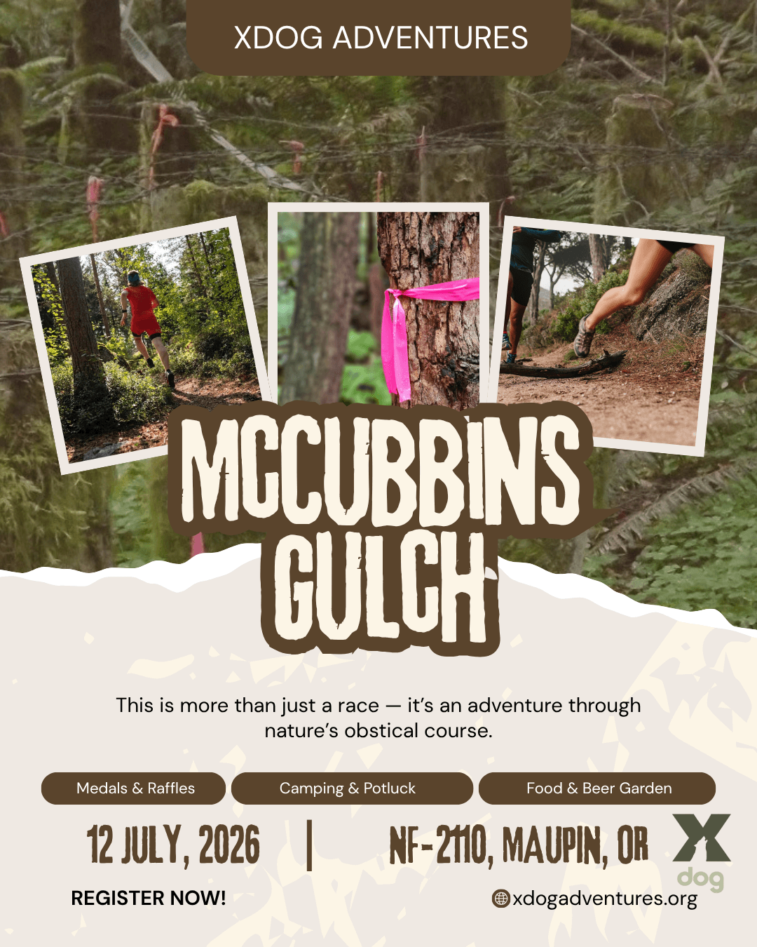 A trail runner navigates a forested obstacle course, with pink ribbons marking the path in Central Oregon.