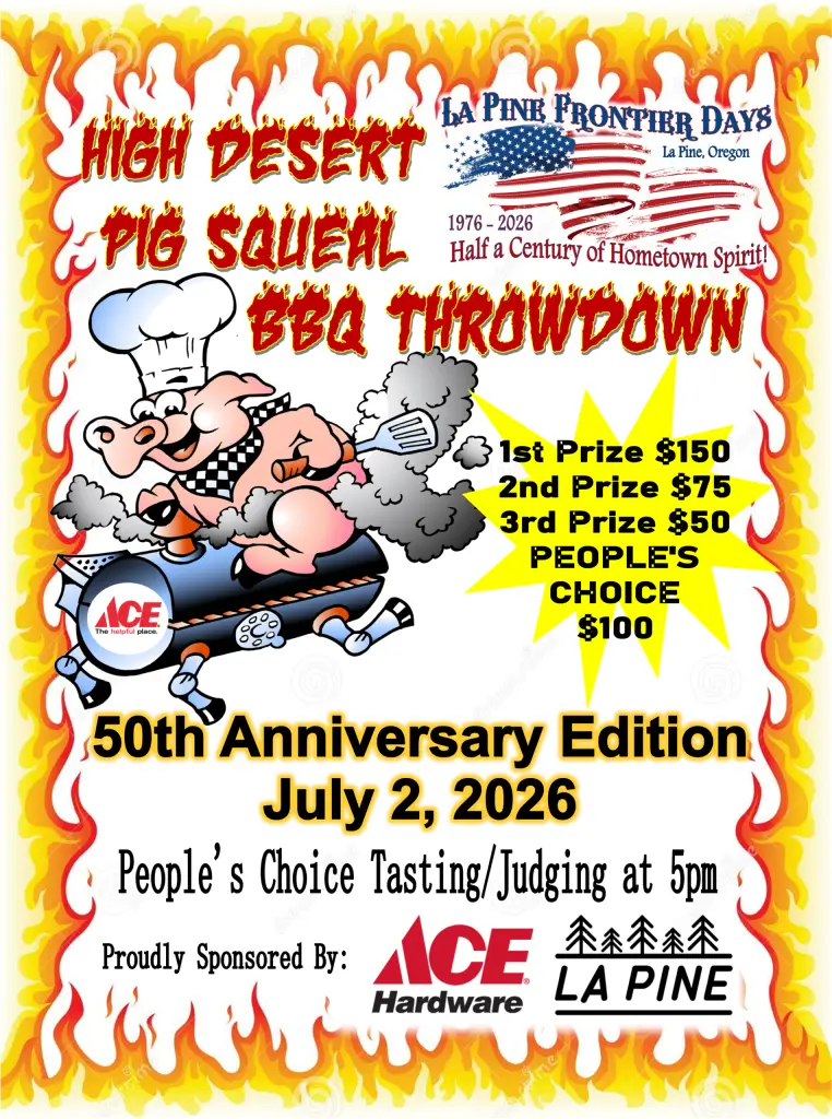 A cartoon pig chef on a BBQ grill train, celebrating the 50th anniversary of the High Desert Pig Squel BBQ Throwdown in La Pine, Oregon in Central Oregon.