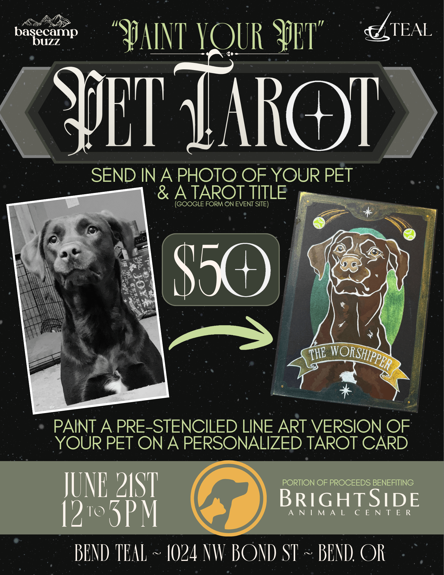 A black and white photo of a dog with a poster advertising a 'Paint Your Pet' tarot card event in Central Oregon.