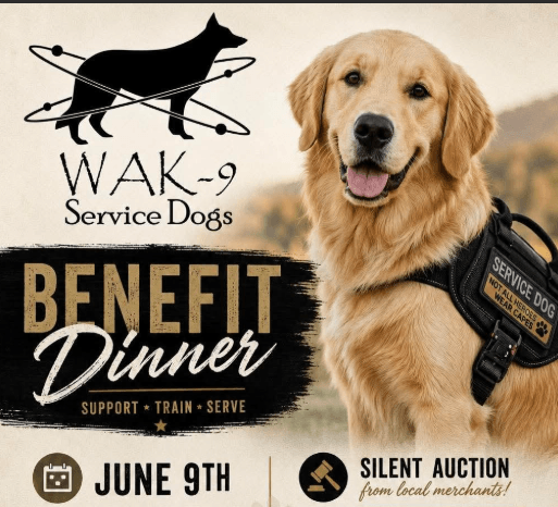 A golden retriever wearing a service dog vest, promoting a benefit dinner for WAK-9 Service Dogs in Central Oregon.