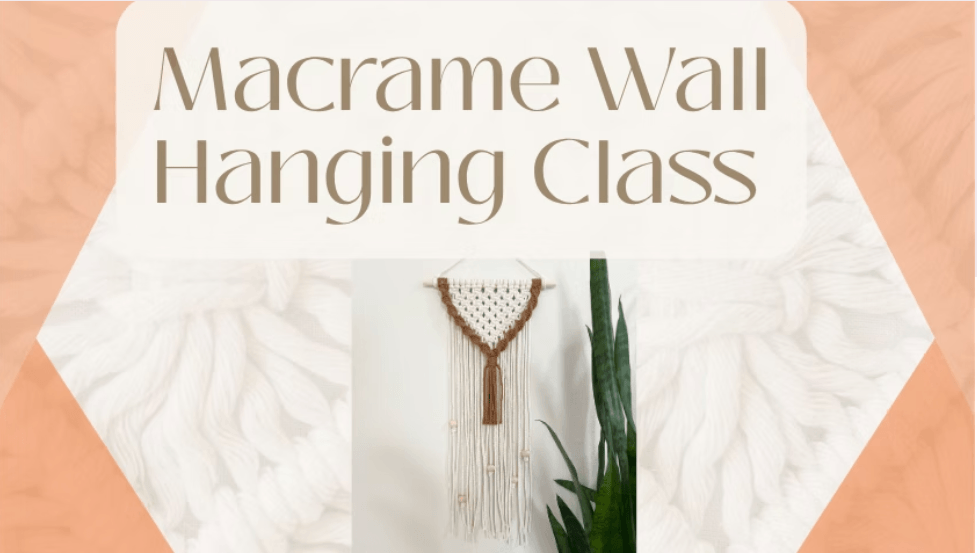 A macrame wall hanging with intricate patterns and tassels displayed in a modern interior setting in Central Oregon.