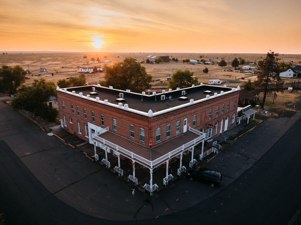 An aerial view of The Shaniko Hotel in Shaniko, Oregon.