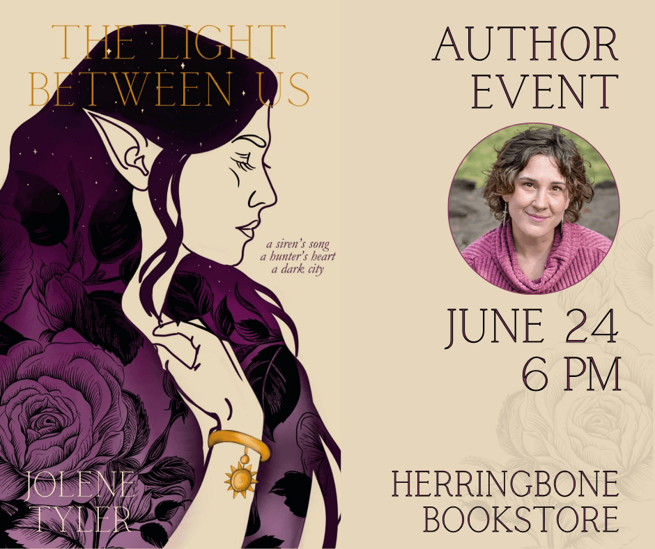 A whimsical illustration of an elven woman with long, flowing hair adorned with roses, holding a glowing orb, alongside a photo of the author Jolene Tyler in Central Oregon.