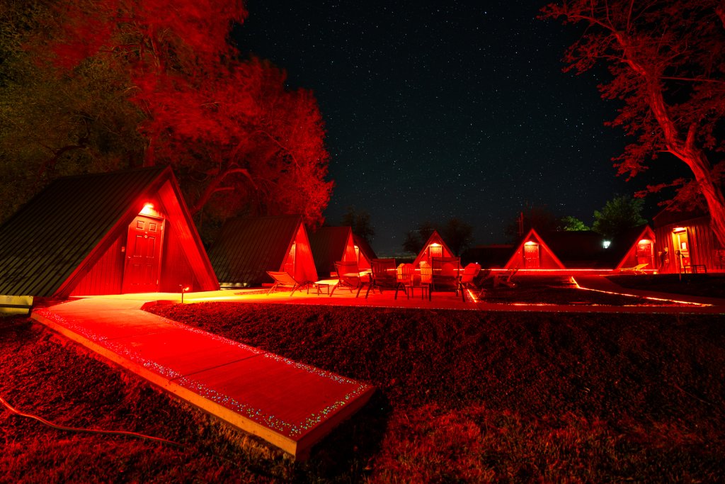 A group of lodging after dark at Antelope Basecamp in Antelope, Oregon.