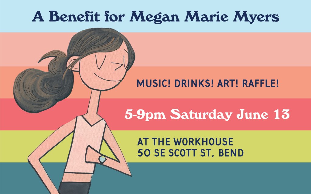 A cartoon girl with a ponytail is smiling and wearing a watch, standing in front of a colorful background with text about a benefit event in Central Oregon.