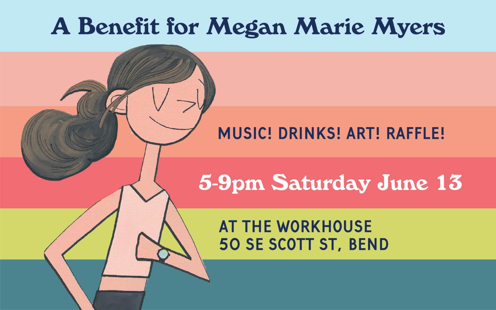 A cartoon girl with a ponytail is smiling and wearing a watch, standing in front of a colorful background with text about a benefit event in Central Oregon.