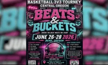 A vibrant poster advertising the Basketball 3v3 Tournament 'Beats & Buckets' in Bend, Oregon, featuring music, basketball, and good vibes in Central Oregon.