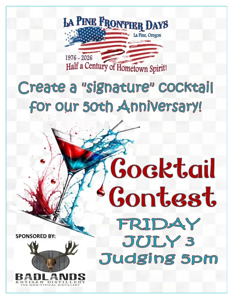 A vibrant cocktail glass filled with red, white, and blue liquid, celebrating the 50th anniversary of La Pine Frontier Days with a cocktail contest in Central Oregon.