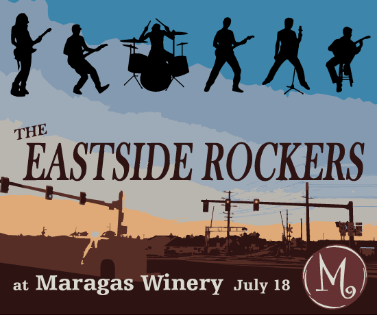 Silhouettes of five musicians performing on stage against a colorful sunset backdrop in Central Oregon.