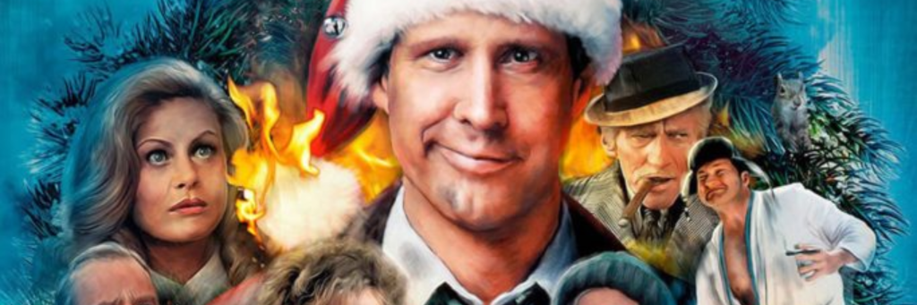A festive collage featuring a man in a Santa hat surrounded by various characters, including a woman, a man with a cigar, and others in holiday attire in Central Oregon.