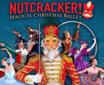 A festive ballet poster featuring a colorful cast of characters, including a grand nutcracker soldier and graceful ballerinas, set against a starry night sky in Central Oregon.
