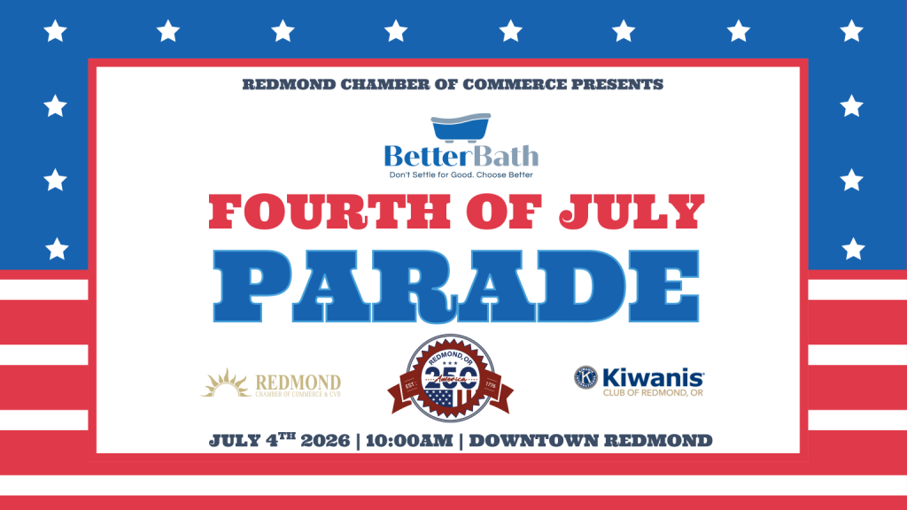 Fourth of July Parade in Downtown Redmond, presented by the Redmond Chamber of Commerce, featuring BetterBath, Redmond, and Kiwani's Club in Central Oregon.