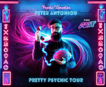 A bearded man with glasses holds a glowing brain and a phone, surrounded by psychedelic swirls and neon signs advertising his 'Pretty Psychic Tour' in Central Oregon.