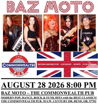 Baz Moto performing live at The Commonwealth Pub, featuring British-inspired pub rock and punk hits in Central Oregon.