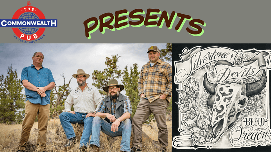 Four rugged men in cowboy hats pose outdoors with a detailed poster featuring a bull skull and the text 'Silvertone Devils' and 'Bend, Oregon' in Central Oregon.