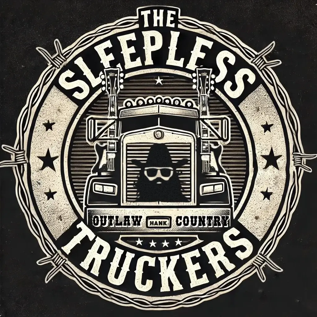 A bearded trucker wearing sunglasses and a cowboy hat, driving a big rig with guitars mounted on the front, surrounded by a circular design with stars and barbed wire in Central Oregon.