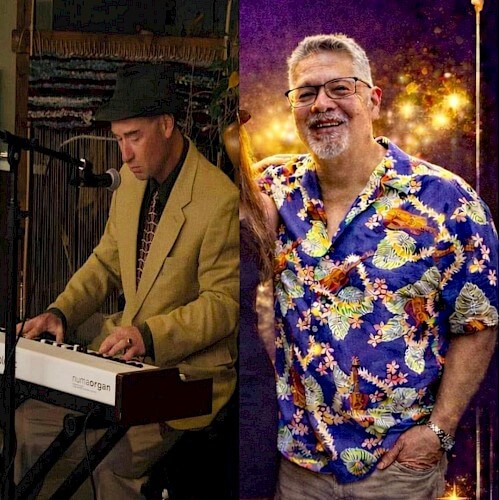 A musician playing a keyboard and another person in a colorful Hawaiian shirt standing together in Central Oregon.