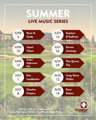 A poster advertising a summer live music series at a golf resort, featuring dates, band names, and venue details in Central Oregon.