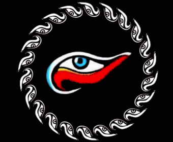 A stylized eye with a blue iris and red pupil, surrounded by a circular pattern of white swirls on a black background in Central Oregon.